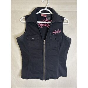Harley-Davidson Vest Women's M Black Zip Lace-Up Corset Back Pink Embroidered